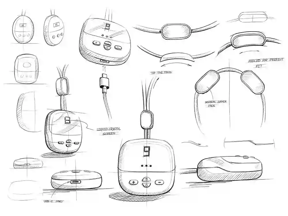 Early technical sketches of Serenity Comfort, showcasing the initial design concepts and engineering insights behind the premium neck massager.